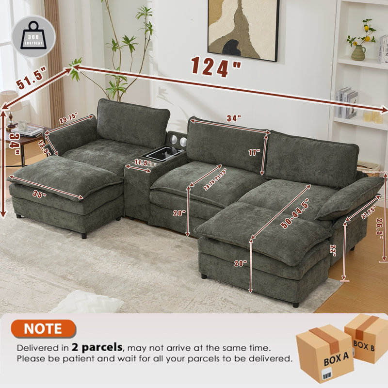 Canapé modulaire en U en chenille avec haut-parleur Bluetooth, chargement sans fil, console de rangement, Chenille verte