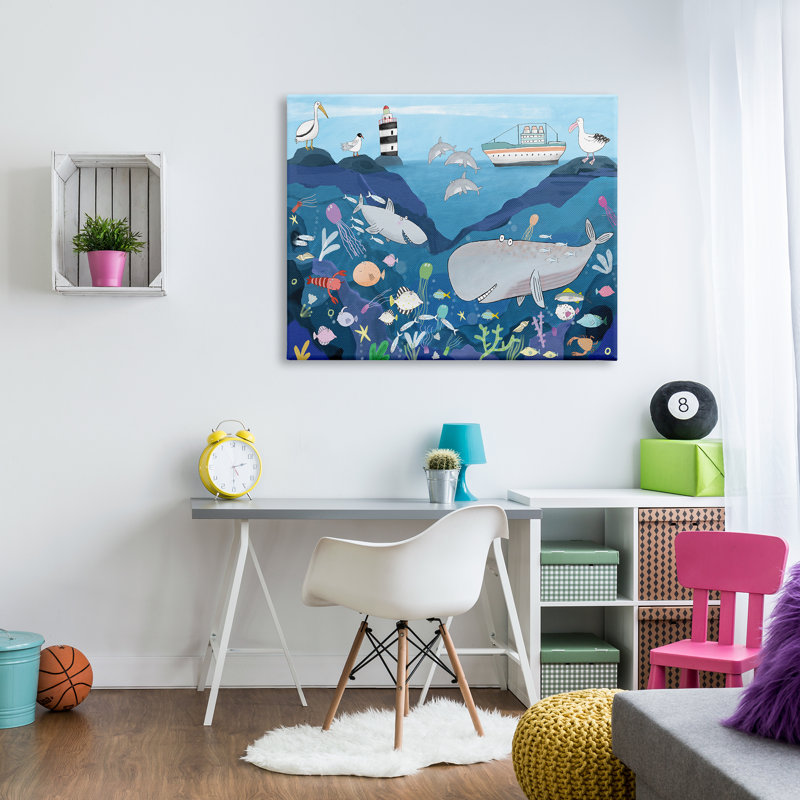 Illustration d'un enfant sous-marin, requin-baleine - peinture, H 36 po x l 48 po, Toile tendue