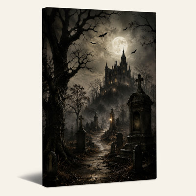 Gothic Castle Over Graveyard Path Under Full Moon Halloween Canvas Wall Art