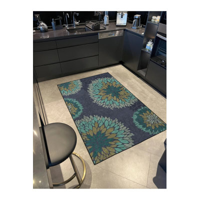 Tapis décoratif noir rayé à motif de feuilles lavable