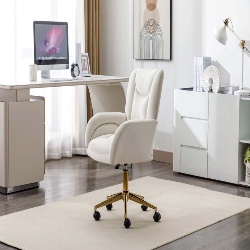 Chaise de bureau pivotante 360 avec base en métal doré et roues universelles, Velours Ivoire
