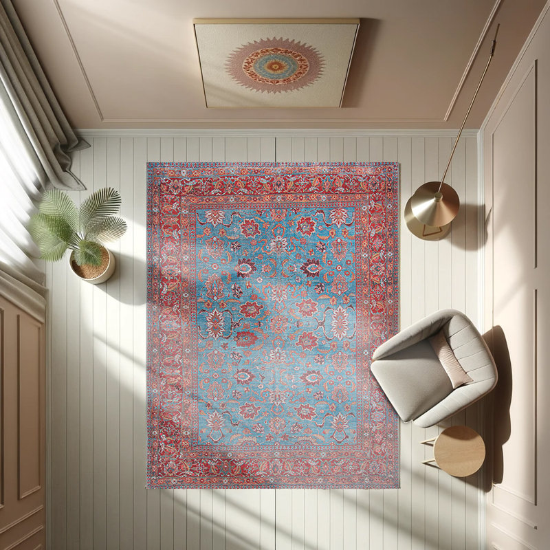 Tapis bourgogne décoratif bleu, Carré 5 pi
