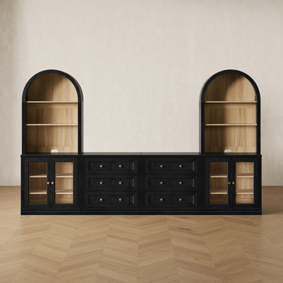 Ensemble d'armoires de rangement modulaires avec huche de bibliothèque arquée, buffet 4 pièces et vitrine pour le salon et la salle à manger, noir