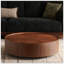 Table basse circulaire en placage de bois avec base en fer robuste, parfaite pour les salons, les chambres à coucher et les bureaux.