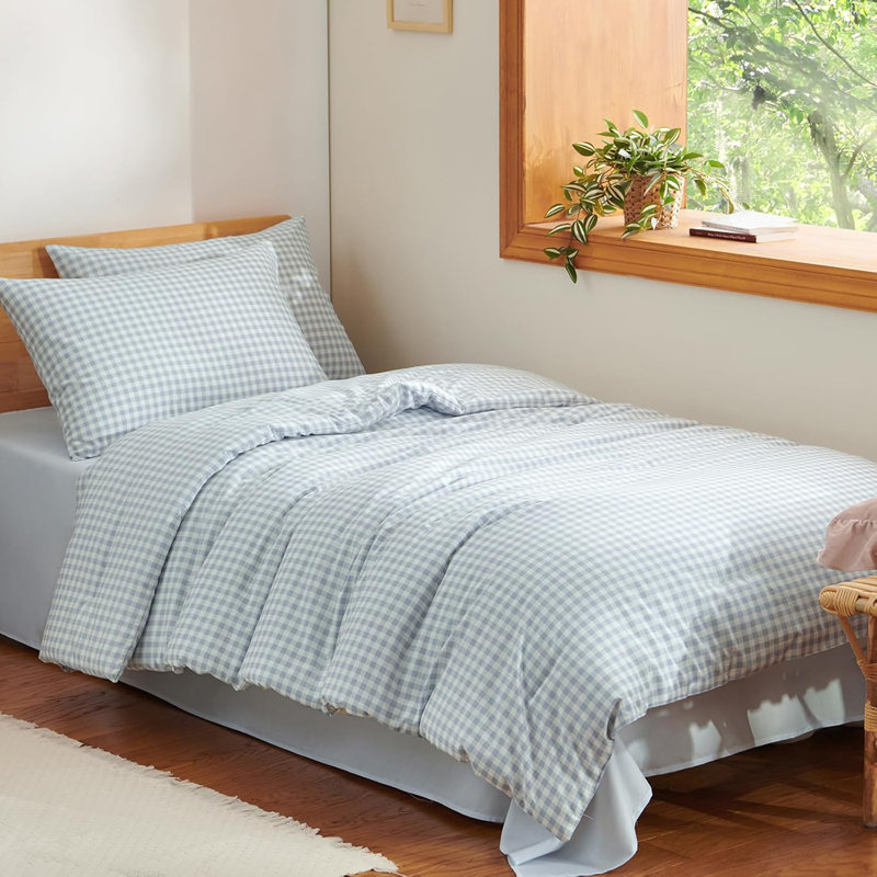 Ensemble d'édredon Gingham Ensemble d'édredon écossais de style moderne 100% microfibre lavée Boho, Bleu