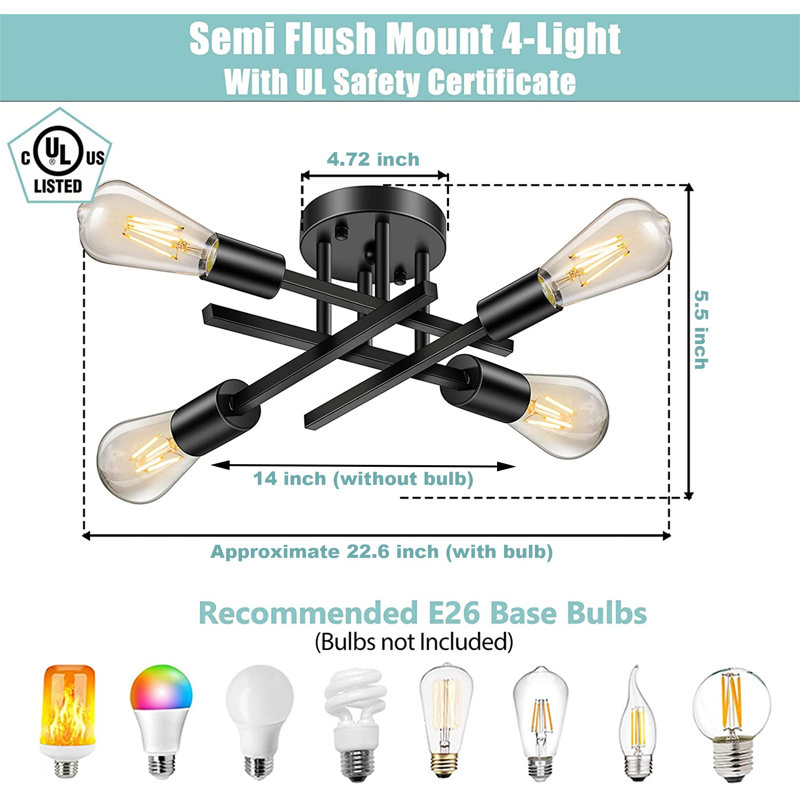 Plafonnier semi-encastré 15 po 4 lumières Jamerian
