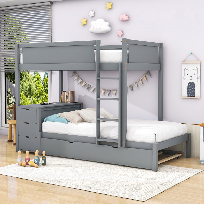 Lit superposé à trois tiroirs avec lit gigogne simple, bureau intégré et ports USB, Simple sur simple, Gris