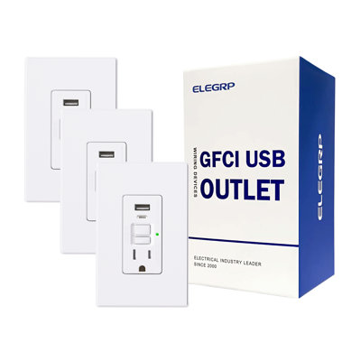 Prises de courant de 15 ampères résistantes à l'auto-test avec disjoncteur de fuite à la terre et prise combinée avec chargeur USB de 24 W, type A et type C, puissance de charge de 4,8 A, certification UL et CUL, plaque murale de taille moyenne inclu