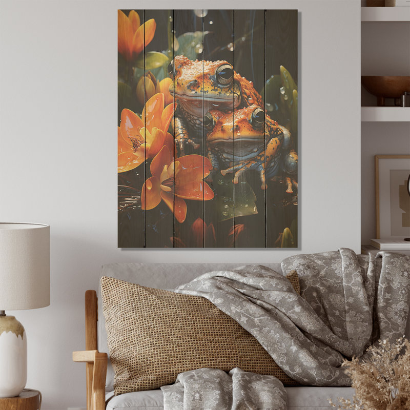 «Orange Frogs on Glass Effect - Frogs & Toads», art mural sur bois de pin naturel, H 20 po x l 10 po
