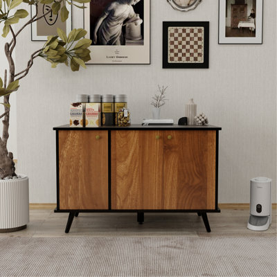 Enceinte de litière, meuble de litière pour chat avec prise dissimulée, 3 portes, table de rangement pour chat, table d'appoint pour chat, grand bac à litière en bois inclus, noir et noyer