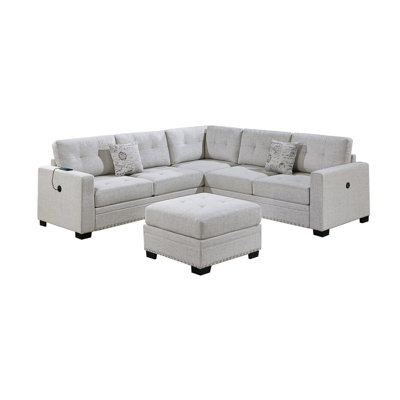 Modern 4pc Sectional In Sincere Bone Color Burlap, L - Shaped, Back, Square Arms, / One Arm W/ And Cocktail For Living Area Aesthetics Transitional Couch Neutral Beige Burlap Like Fabric, With