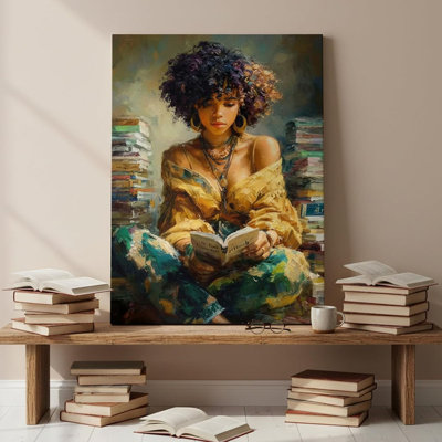 African American Woman Wall Art Girl Reading Canvas Print Modern Abstract Oil Painting Picture Gallery Wrapped Wall Decor For Teen Bedroom Study Reading Nook