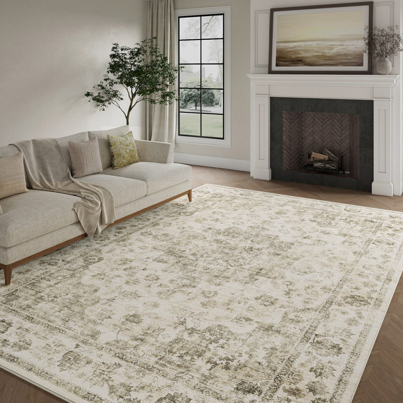 Tapis lavable à médaillon floral brun et beige 8 pi x 10 pi