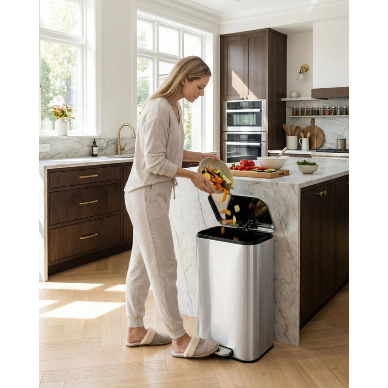 Poubelle de cuisine 13 gallons / 50 L, poubelle pour marches avec couvercle à fermeture en douceur, bac de recyclage en acier inoxydable avec seau intérieur amovible, poubelle rectangulaire pour le salon, le bureau
