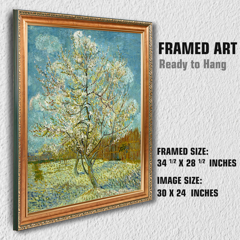 «De Roze Perzikboom» par Vincent Van Gogh, reproduction sur toile, H 34,5 po x l 28,5 po x P 0,75 po, Toile avec cadre or