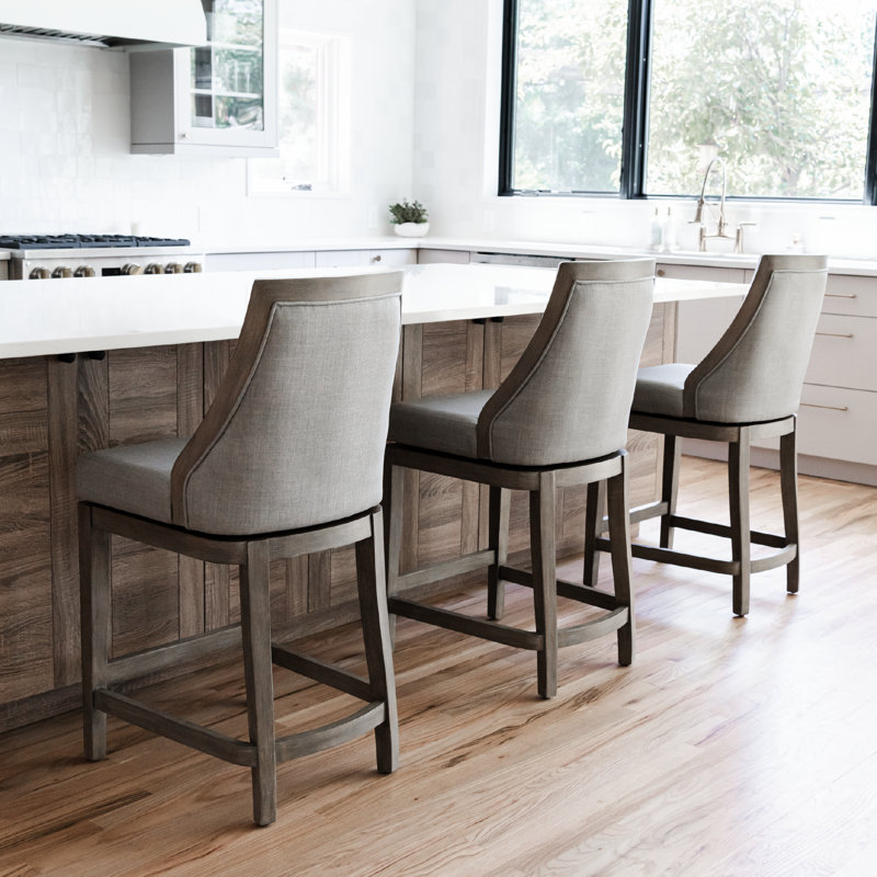 Vienna 31" Ash Grey Upholstered Swivel Bar Stool with Reclaimed Oak Frame