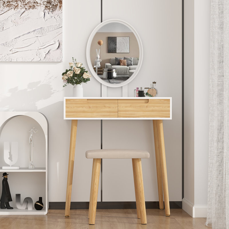 Angeligue Vanity Table Set with Adjustable Brightness Mirror and Cushioned Stool, Burlywood