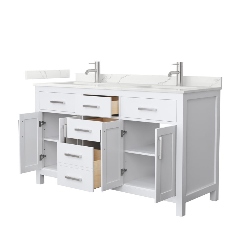 Beckett 60" Freestanding Double Bathroom Vanity with Quartz Top, Giotto Quartz, Brushed Nickel, White