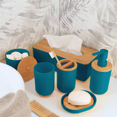 Evideco Blue Cotton Pad and Q-Tip Holder Padang with Bamboo Top - Organize in Style, Bathroom Vanity Organizer