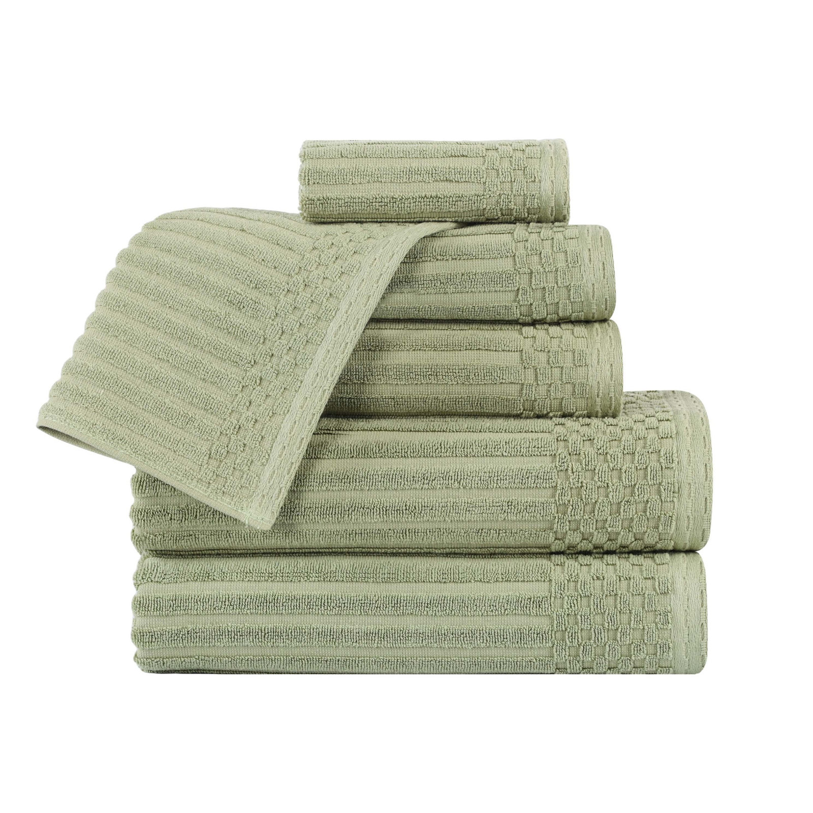 6-Piece Checkered Border Cotton Towel Set, Sage Green