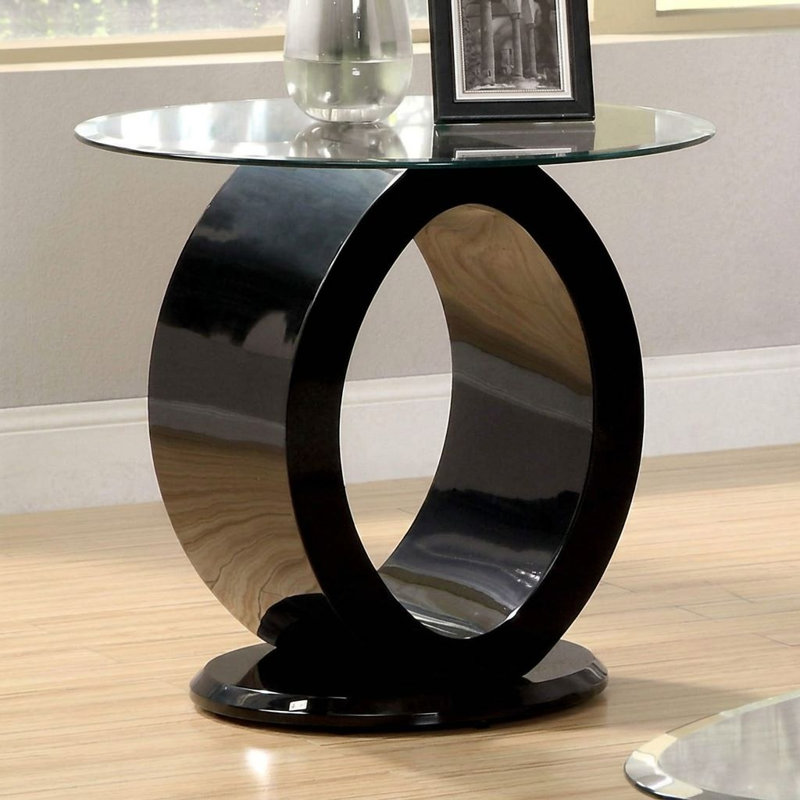 Vanna Table de bout ronde en verre trempé noir avec base en forme de O et finition ultrabrillante