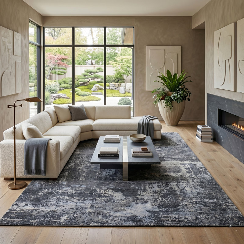 Tapis gris en laine noué à la main Serena, Rectangle 9 pi x 12 pi