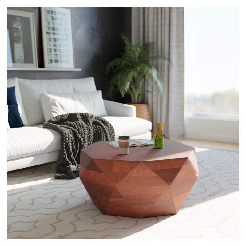 Solid Wood Round Modern Coffee Table – 29.5″ W Drum Design, Walnut Finish, Small Coffee Table for Living Room, Walnut