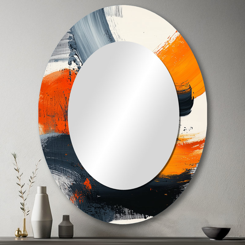 Balck and Orange Converge Dream I - Grand miroir mural ovale sur métal, 43 po x 33 po