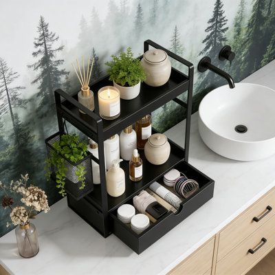 Organisateur de comptoir en bois à 2 niveaux avec tiroir, panier de rangement et crochets - Tablette de meuble-lavabo peu encombrante