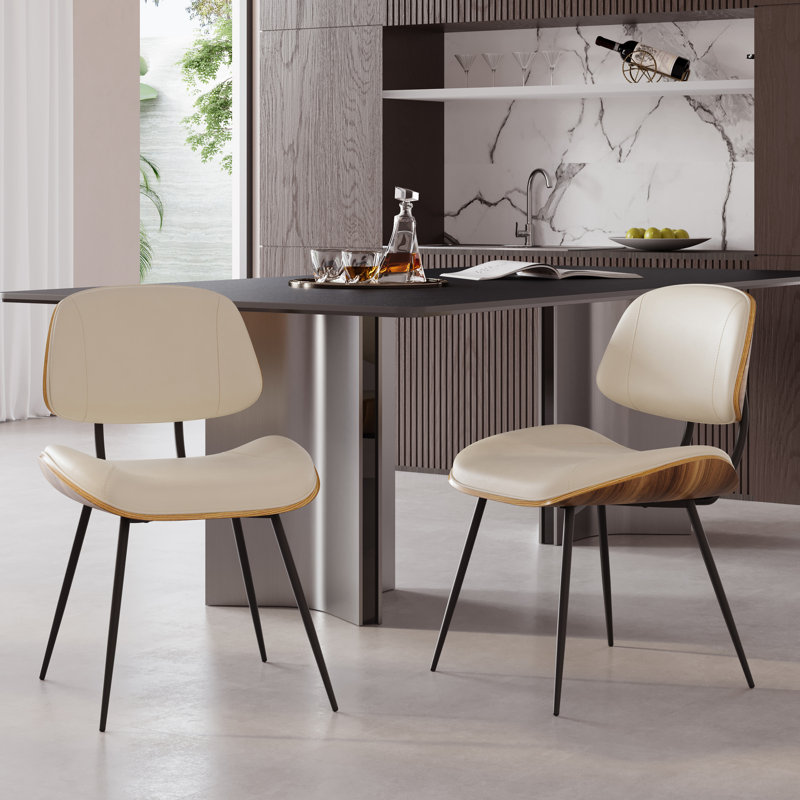 Mid Century Faux Leather Dining Chairs with Backrest, Beige