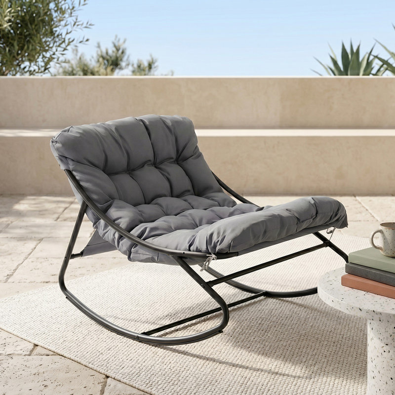 Chaise berçante de patio avec coussin en métal noir, Grey