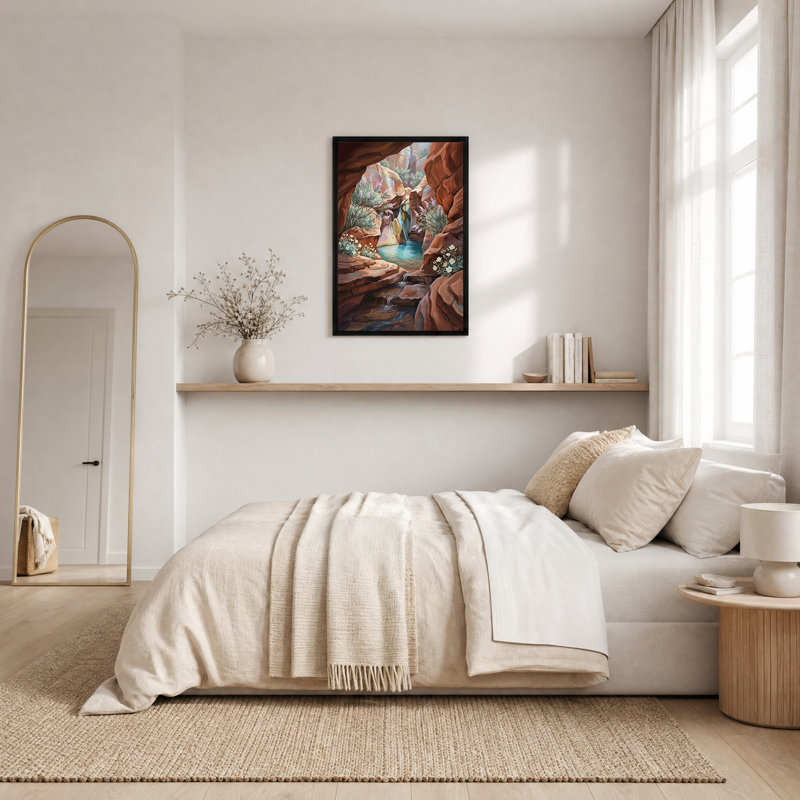 Red Rock Canyon Stream avec fleurs mauves, art mural, H 24 po x l 16 po