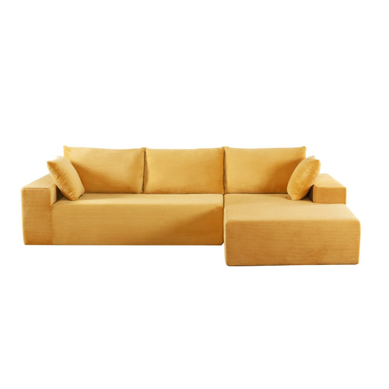 Modern Comfy 4 - Seat Sleeper Convertible Sectional In Ginger Yellow Corduroy, For Flexible Living Spaces, Right Facing, Full Foam Cushioning, No Assembly Needed Soft Cozy Couch Room And Bedroom,