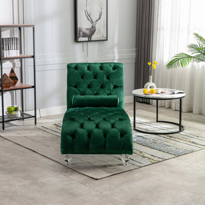 Chaise longue d'intérieur en velours capitonnée à boutons et rembourrée avec coussin pour le bureau de la chambre à coucher (velours émeraude)