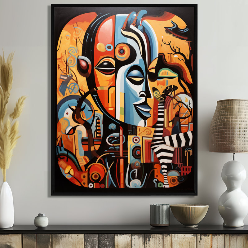 Art contemporain africain, collage de masques abstraits, Cadre flottant noir, H 32 po x l 16 po