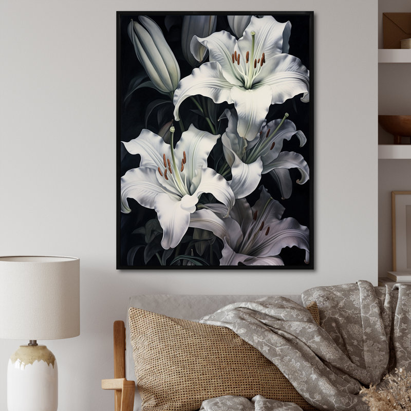 " White And Black Serenade Of Lilies Dreams ", Black Floater Framed, 40" H x 30" W x 1.5" D