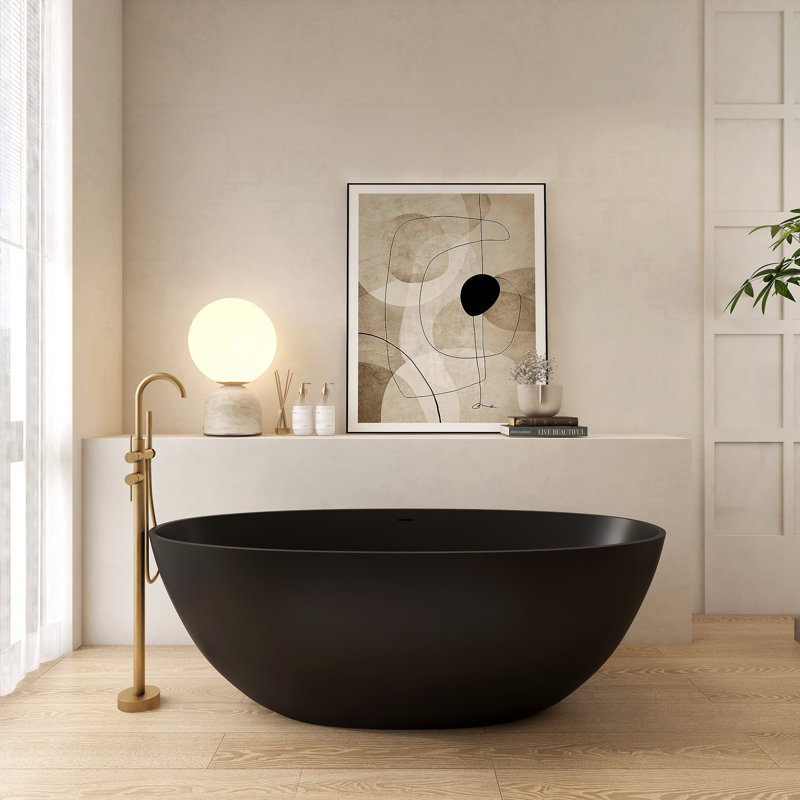 65'' Freestanding Tub Solid Surface Resin Stone Soaking Bathtub, Matte Black