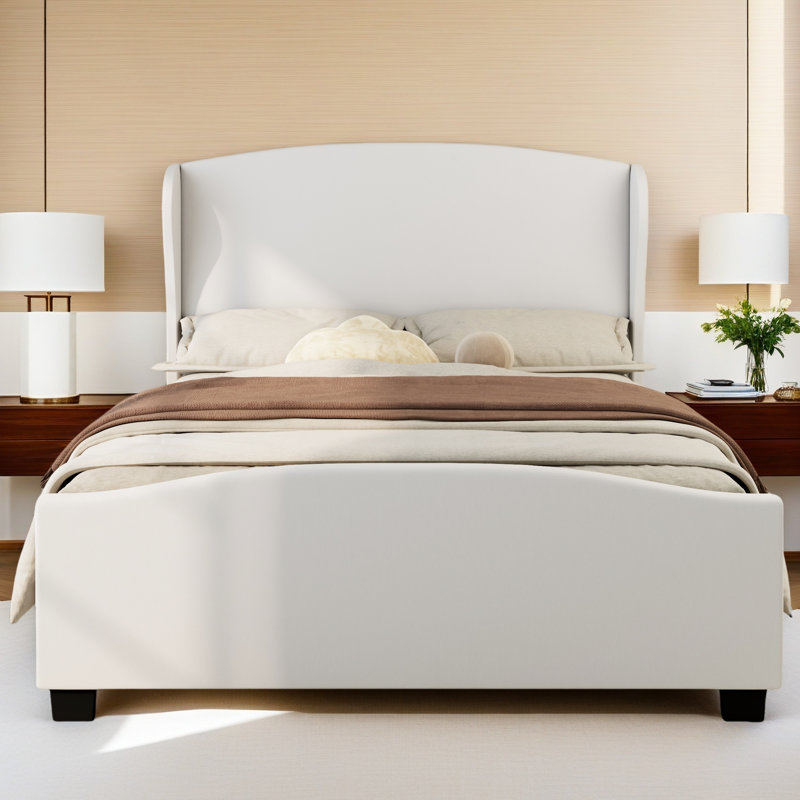 Lit tapissier en lin à tête haute, Beige, Lit double