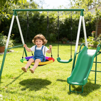 Balançoire multifonctionnelle avec structure en métal, balançoire à soucoupe, glissade de 5 pi et siège antidérapant, structure en A, cordes réglables, tissu pour jouer à l'extérieur, avec acier robuste et confortable, cordes
