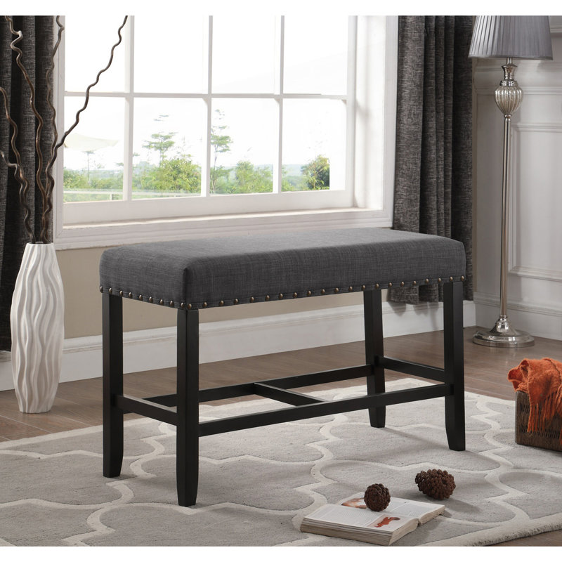 Upholstered Bench, Contemporary Rustic Dining Bench, Counter Height Bench with Nailhead Trim, Gray
