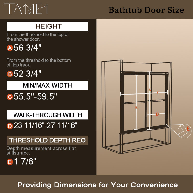 59" W x 56" H Double Sliding Semi-Frameless Tub Door, Black