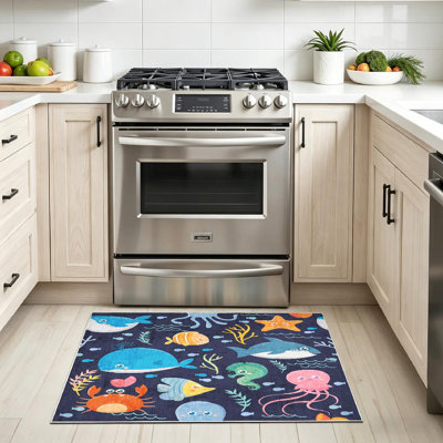 Blue Seamless Sea Funny Animals Kid Animal Wallpaper Shark Machine Washable Indoor Area Rug