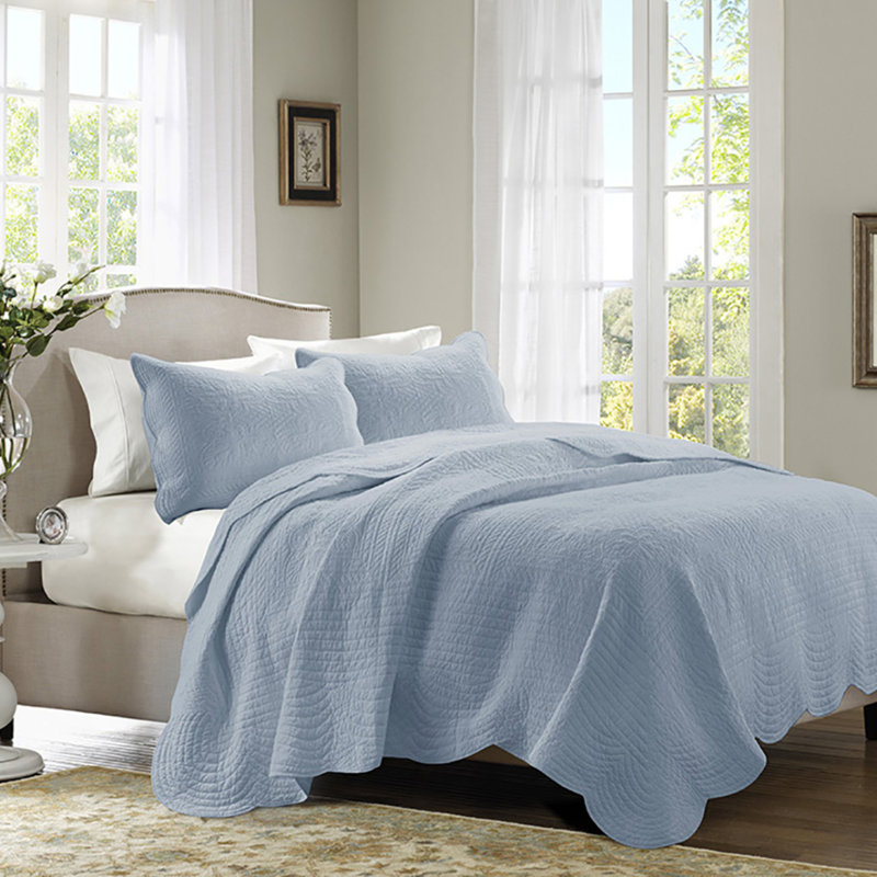 Ensemble de courtepointe réversible 3 pièces bleu avec bord festonné, double / grand