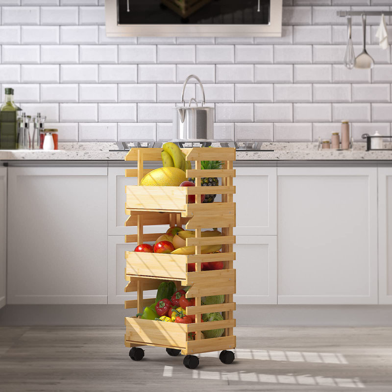Bamboo Fruit Basket Stand, Potato And Onion Storage Cart, 3-Tier Fruit Basket With Wheels, Vegetable Storage For Kitchen Floor (Self-Assembly)