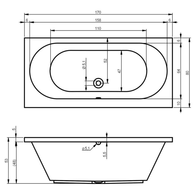 x 950mm Soaking Acrylic Bathtub, 75cm H x 185cm L x 95cm D
