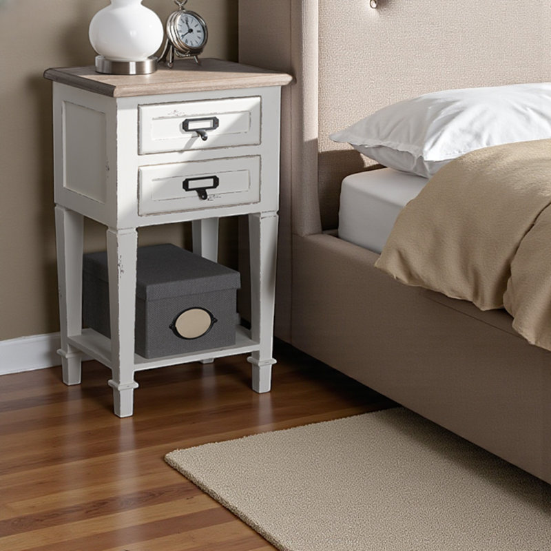 Flora 2-Drawer Weathered Oak and White Wash Distressed Nightstand, 25.34" H X 15.46" W X 11.51" D
