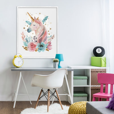 Licorne florale avec détails dorés, estampe numérique, design par LSR Design Studio