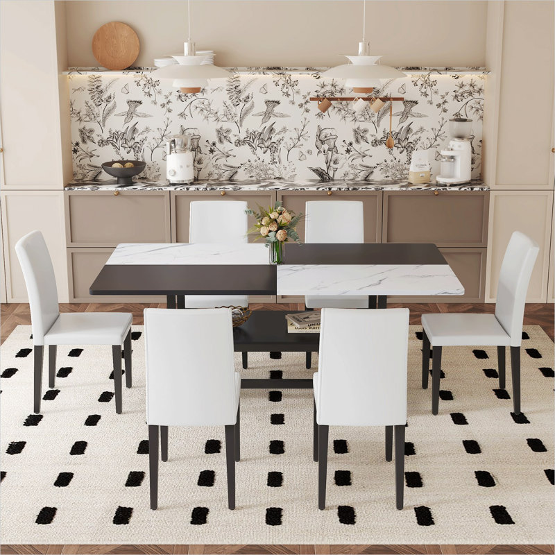 Ensemble de salle à manger 6 pièces avec plateforme de rangement - Chaises en polyuréthane blanc et noir de 71 pouces avec pieds en métal noir mat
