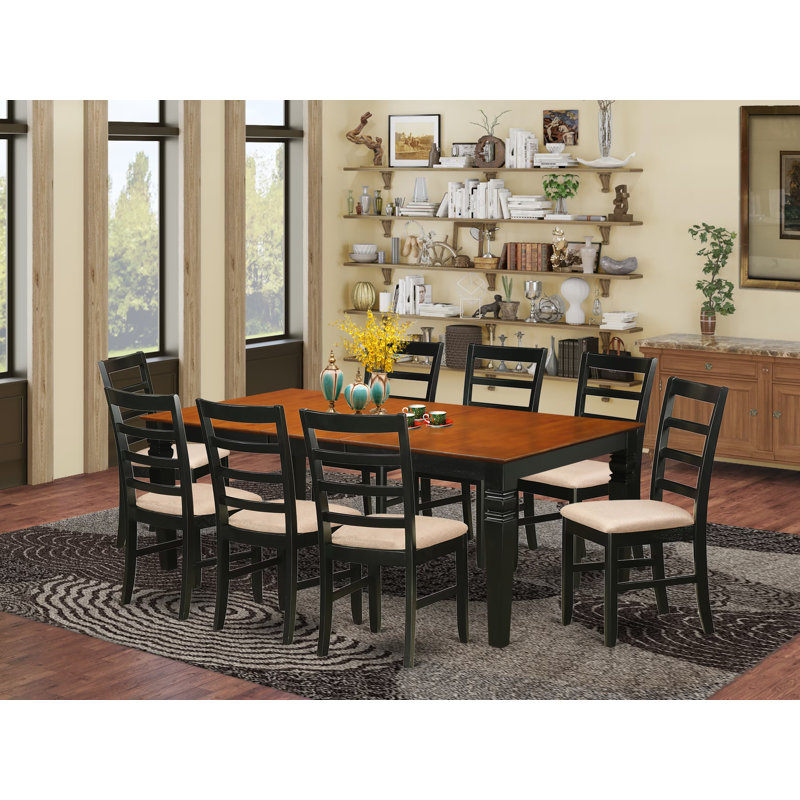 Ensemble de table de salle à manger 9 pièces comprenant une table de salle à manger rectangulaire avec feuille papillon et 8 chaises rembourrées en tissu de lin, noir et cerise