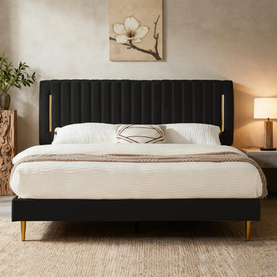 Twin Platform Bed Frame, Velvet Upholstered Bedframe with Vertical Channel Adjustable Headboard, Golden Plating Trim, Mattress Foundation with Wooden Slats, No Box Spring Needed, Black